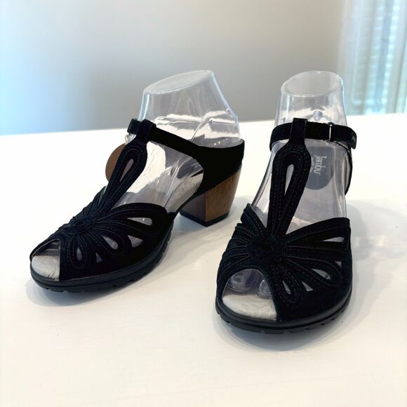 NEW Jambu Sahara Peep Toe Black Suede Leather Wooden Heels Sandals‎ US Size 6 M - Picture 4 of 11